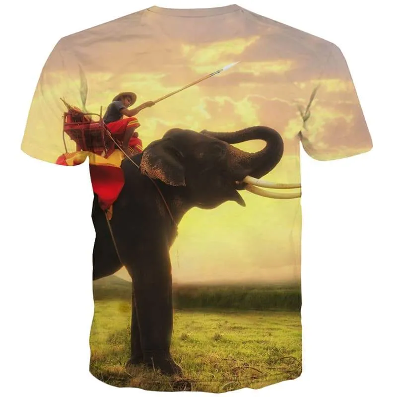 Animal T-shirt Men Elephant Tshirts Cool Landscape T-shirts Graphic Harajuku Tshirts Casual Sunset Shirt Print