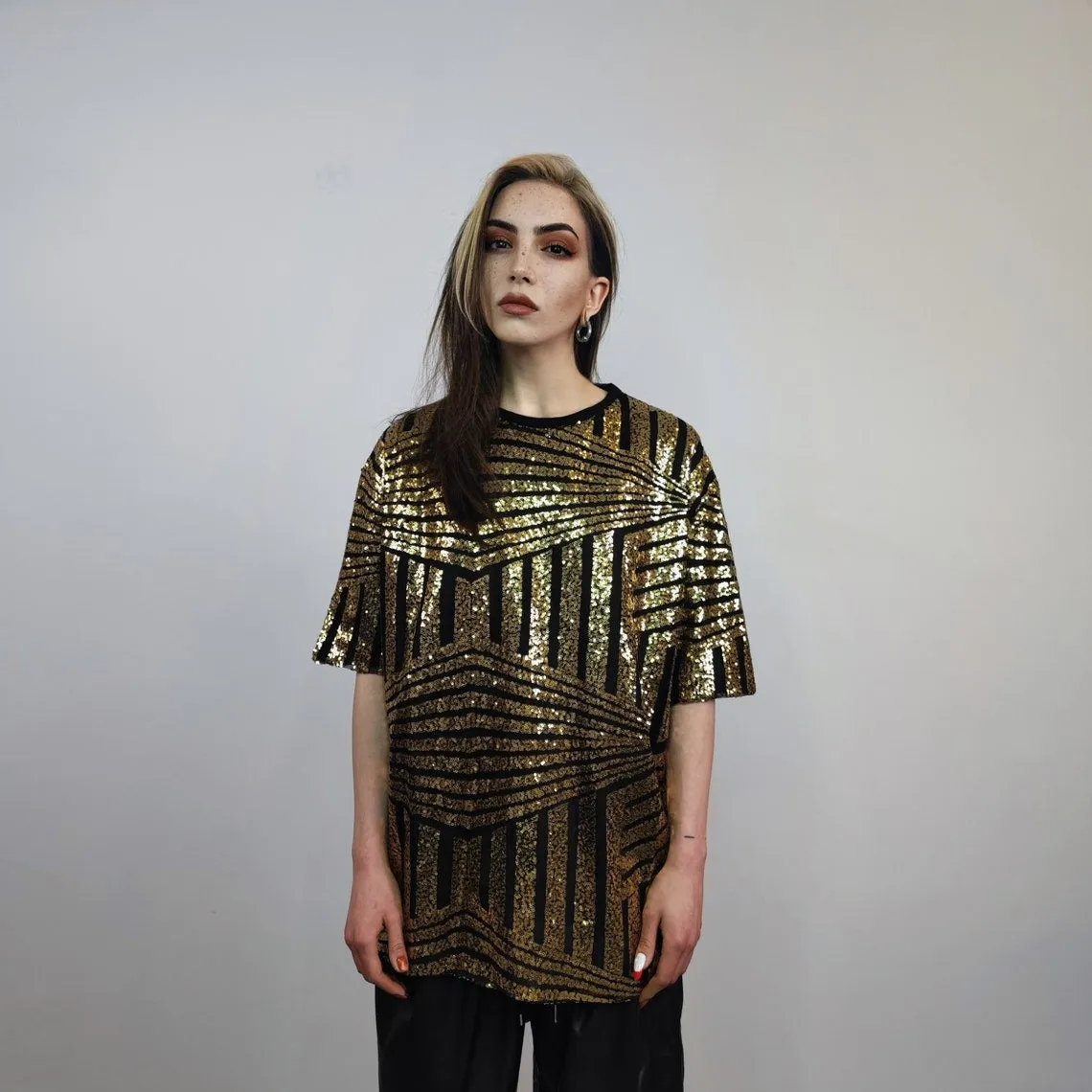Black sequin t-shirt glitter top sparkle jumper party pullover glam rock jumper fancy dress embellished going out tee in luminous black