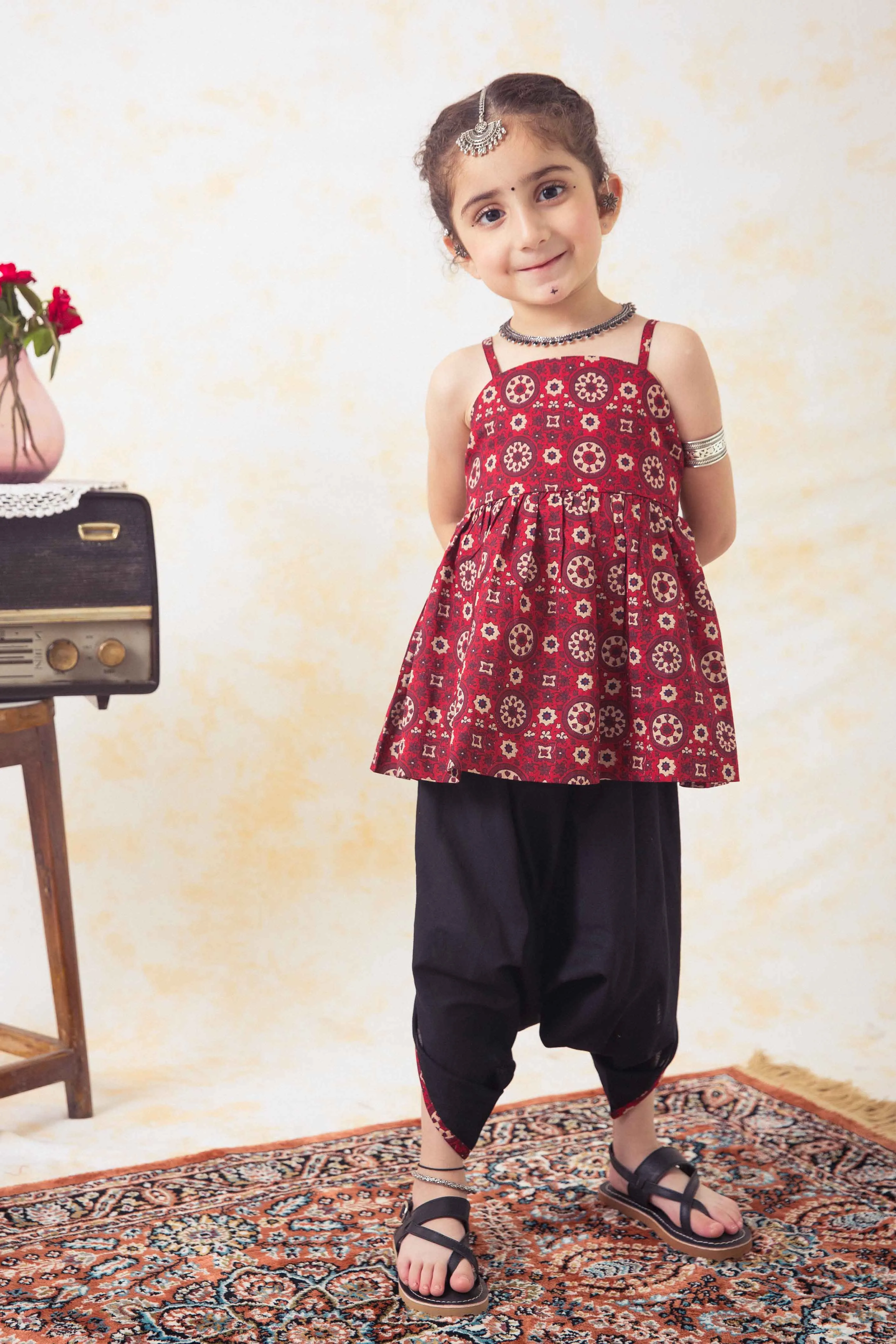 Girls Indie Print Cotton Co-ord Top Pant Set - Red