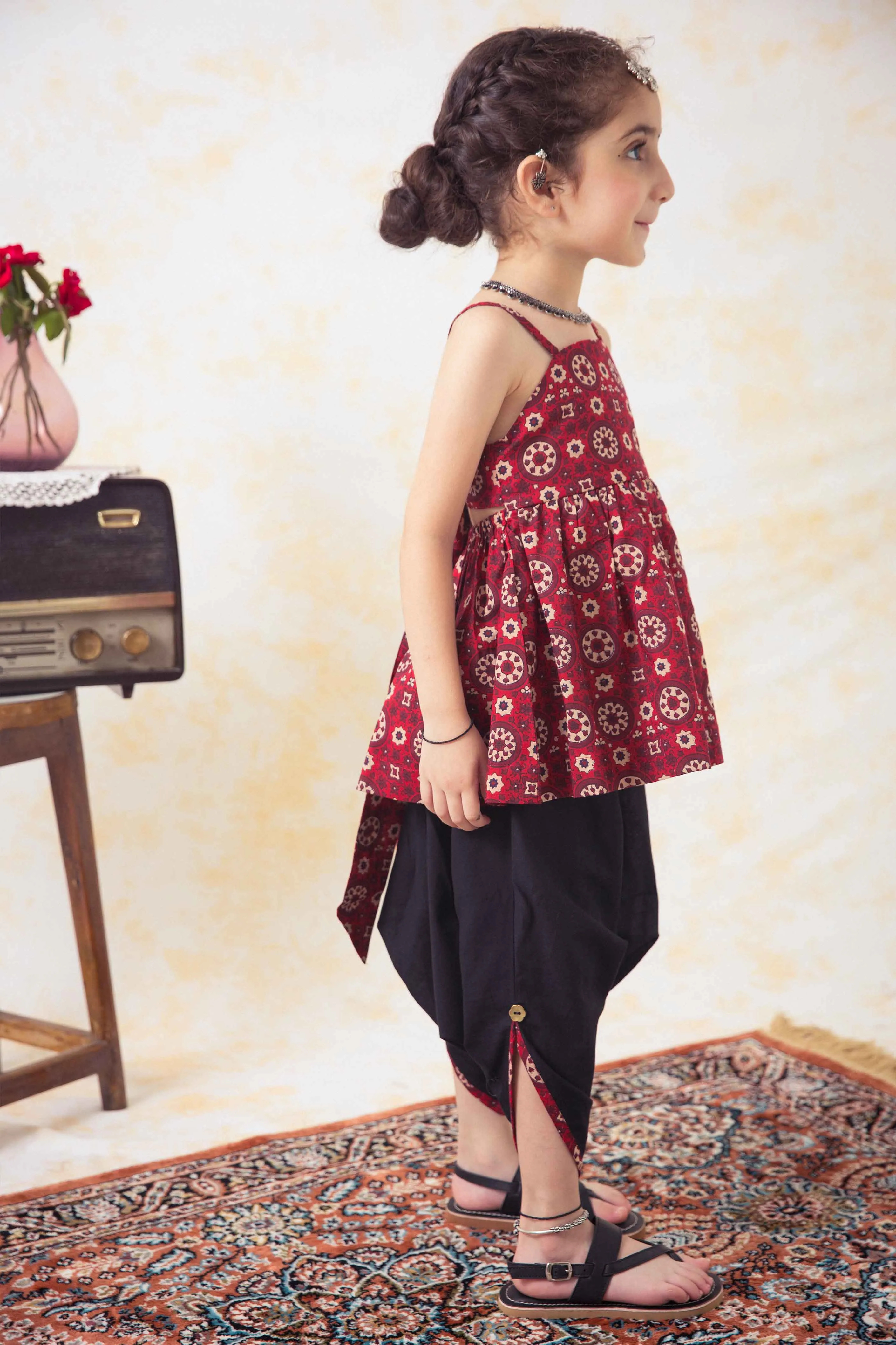 Girls Indie Print Cotton Co-ord Top Pant Set - Red