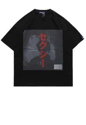 Manga print t-shirt anime silhouette retro tee in black