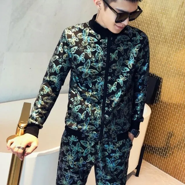 Printed Butterfly Pattern Tracksuit Jacket   Pants Set