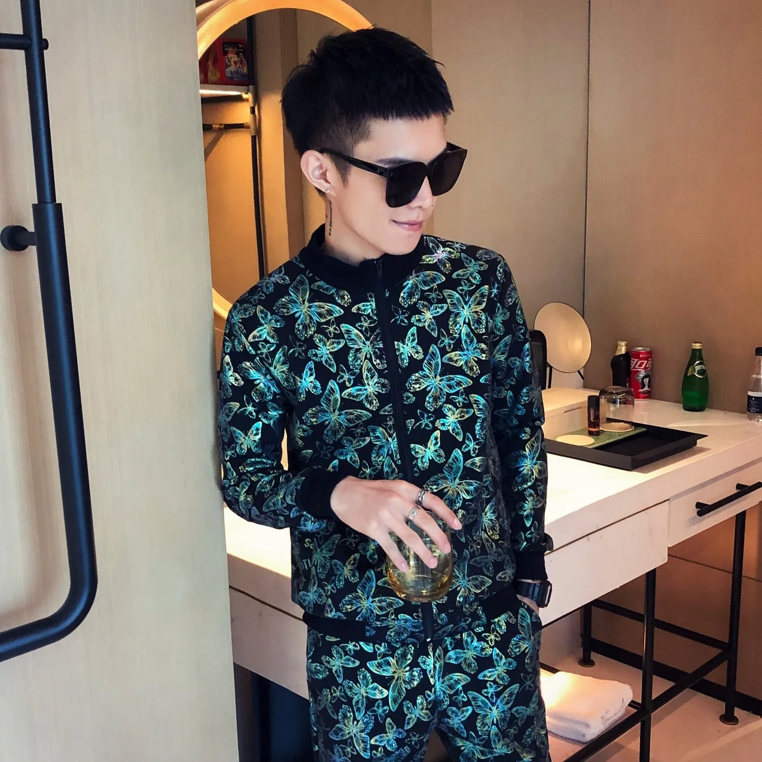 Printed Butterfly Pattern Tracksuit Jacket   Pants Set