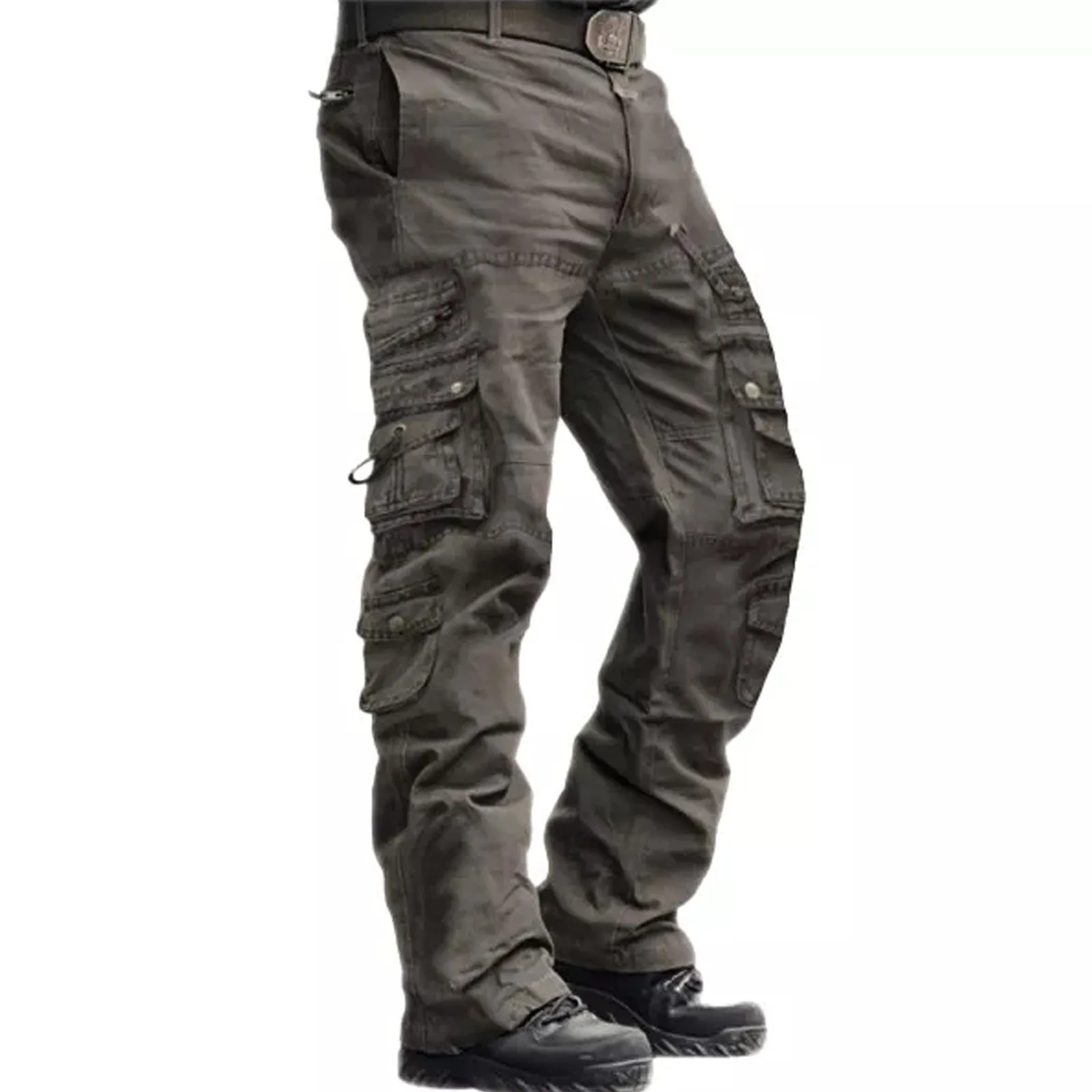 SOLID COLOR 100% COTTON MULTI-POCKETS CARGO PANTS (NO BELT)