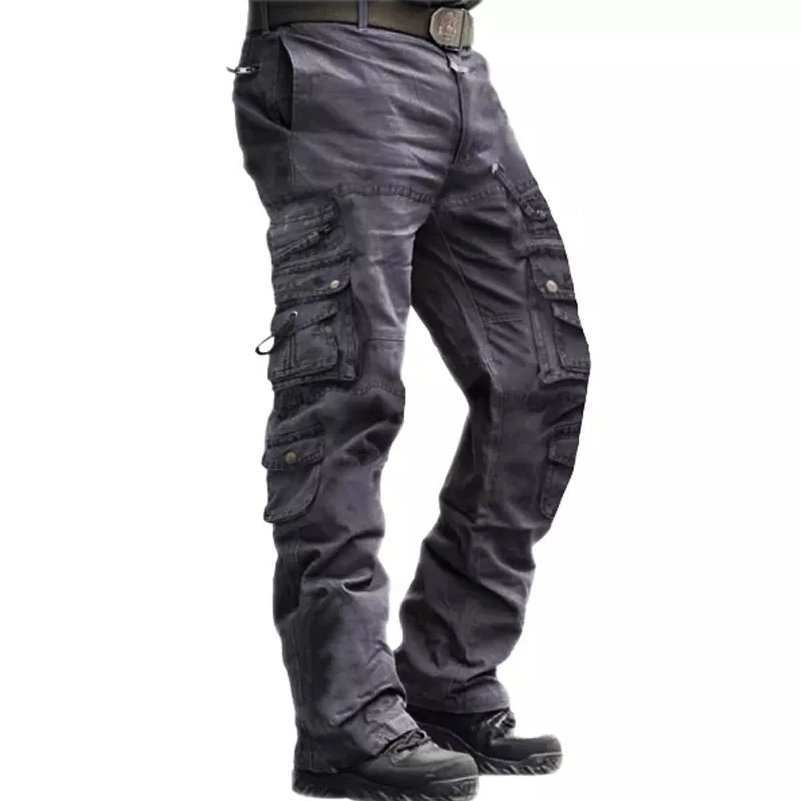 SOLID COLOR 100% COTTON MULTI-POCKETS CARGO PANTS (NO BELT)