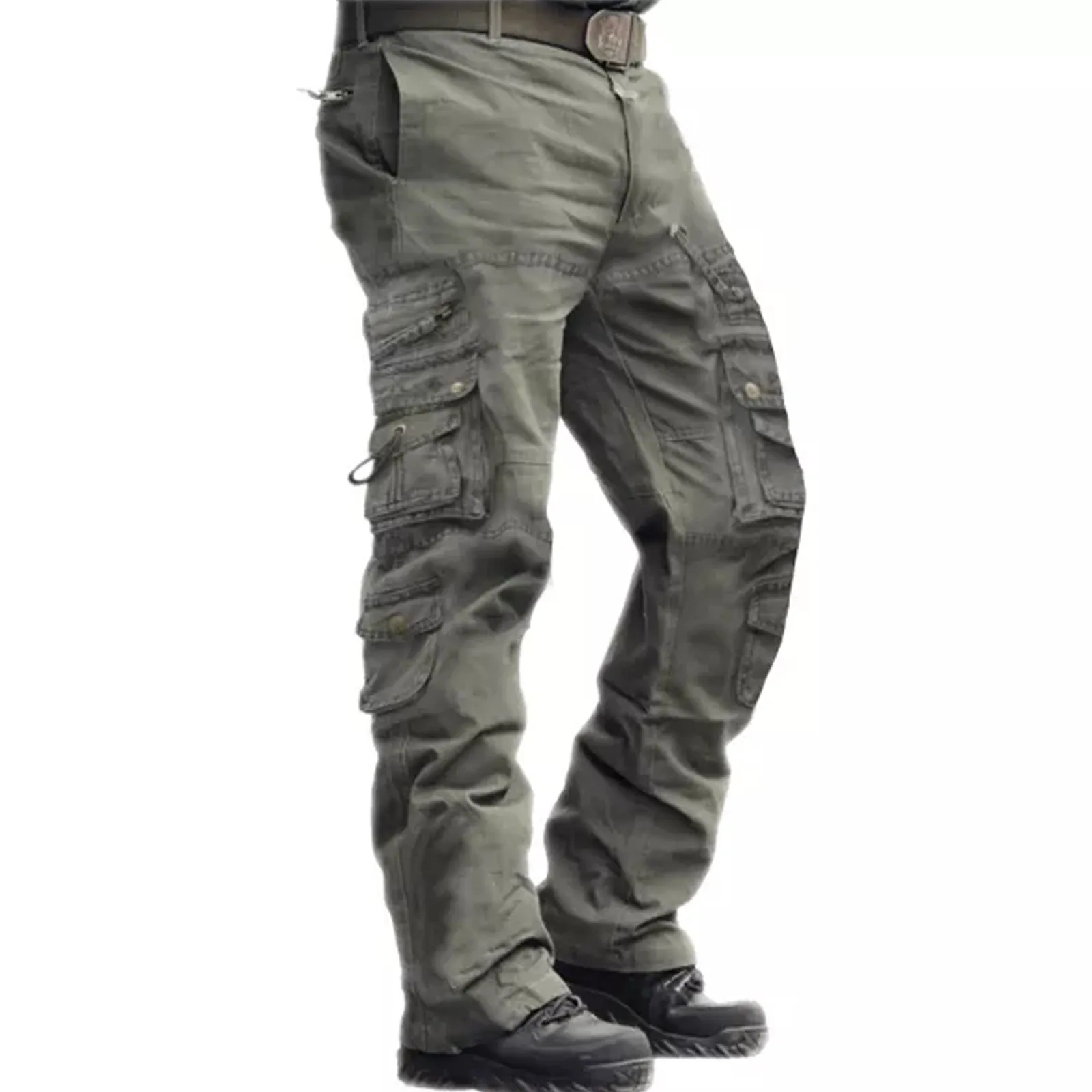 SOLID COLOR 100% COTTON MULTI-POCKETS CARGO PANTS (NO BELT)
