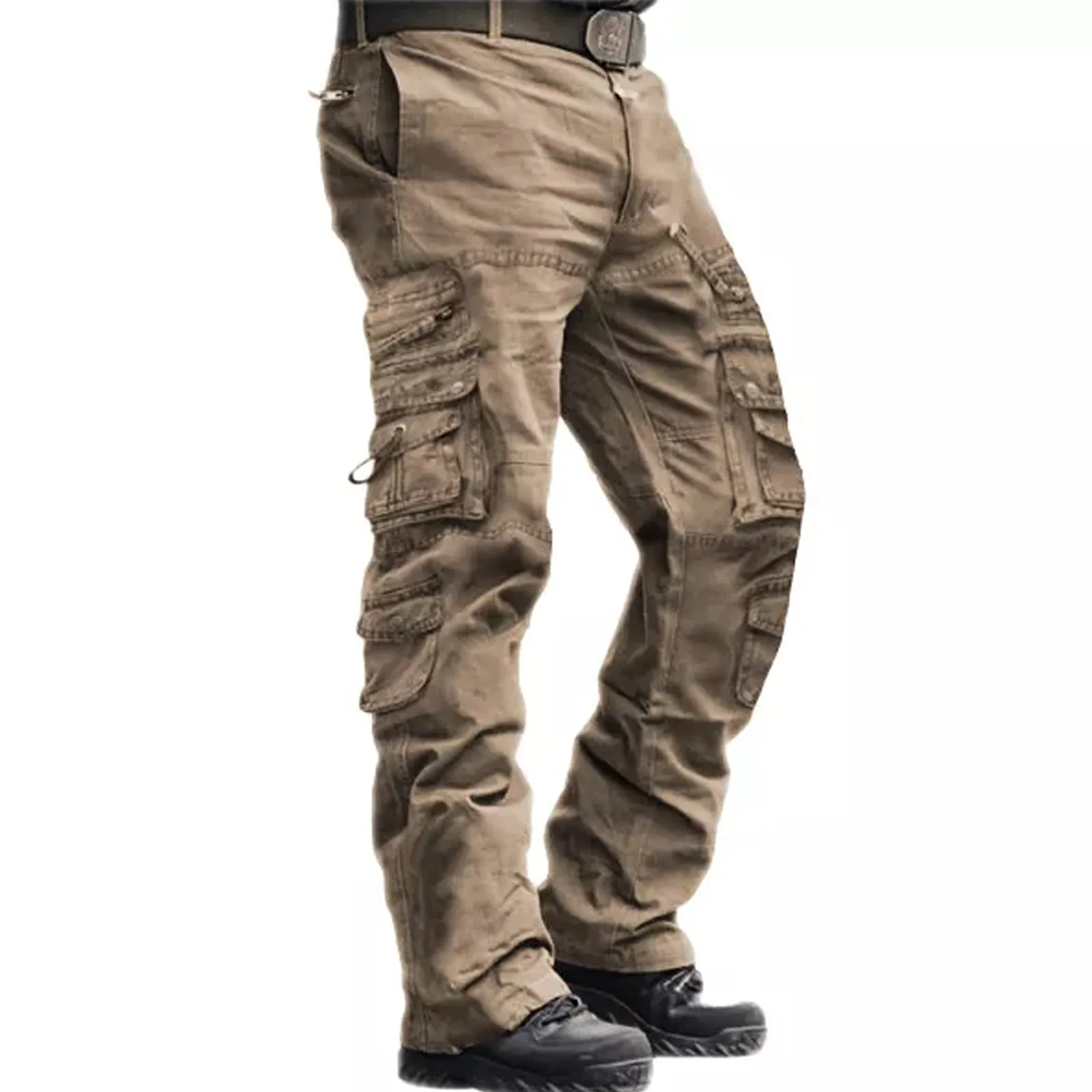SOLID COLOR 100% COTTON MULTI-POCKETS CARGO PANTS (NO BELT)